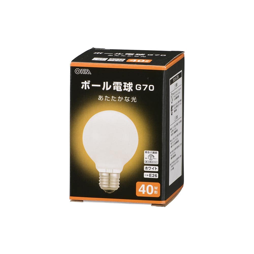 オーム電機 LB-G7640K-WN 06-0868 ボール電球 E26 40W形 G70 ホワイト(ご注文単位1袋)【直送品】