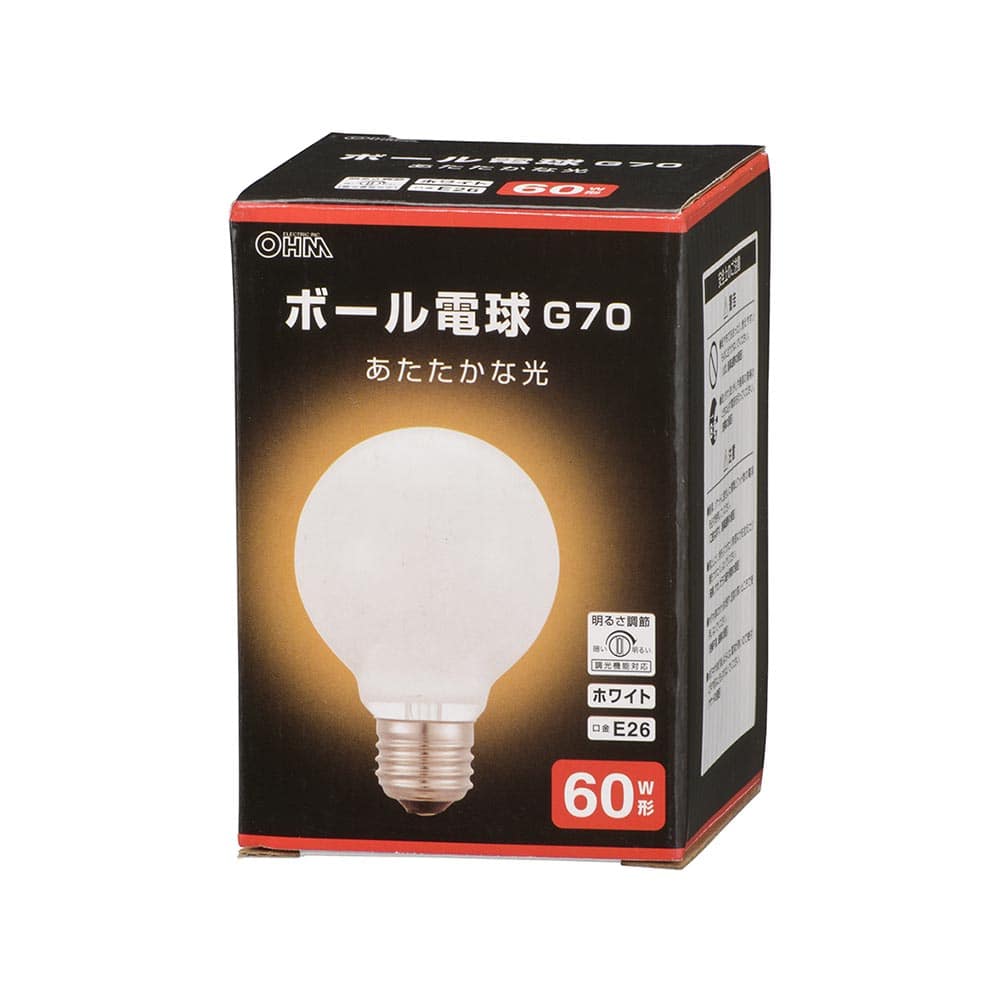 オーム電機 LB-G7660K-WN 06-0870 ボール電球 E26 60W形 G70 ホワイト(ご注文単位1袋)【直送品】