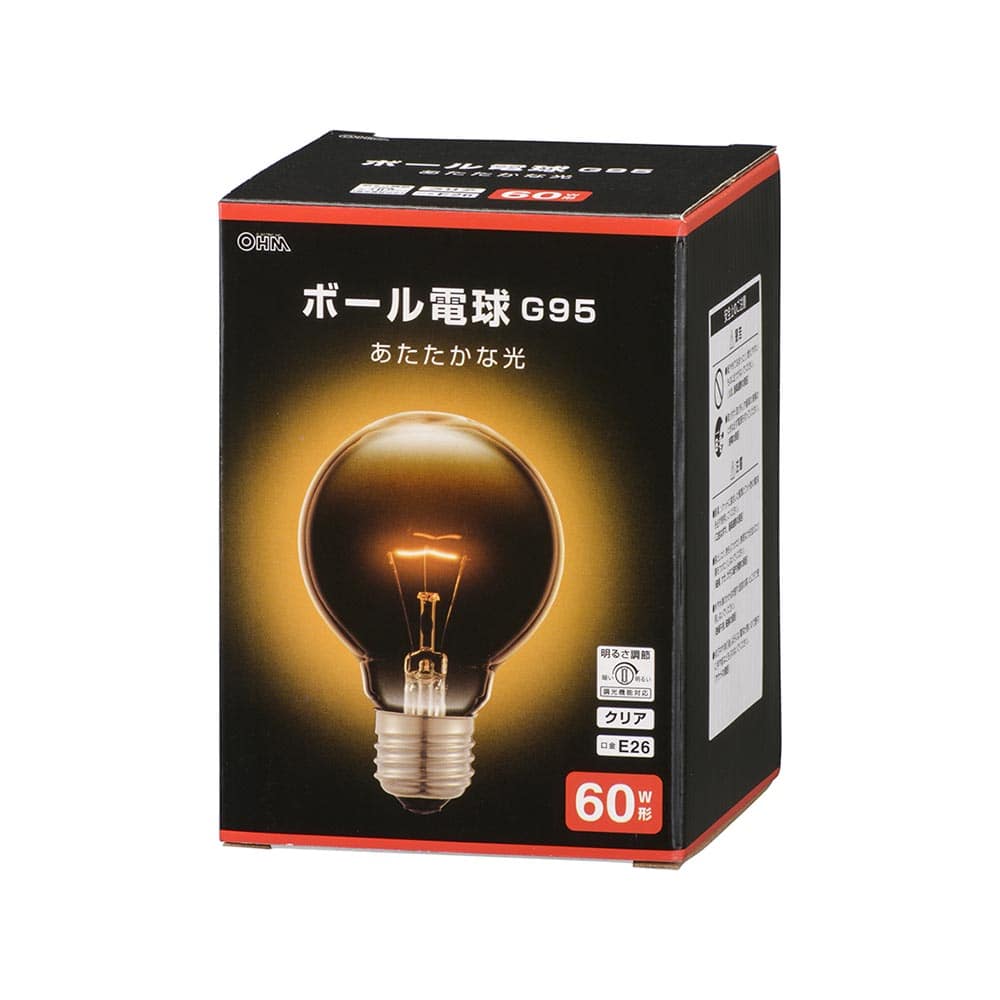 オーム電機 LB-G9657K-CN 06-0873 ボール電球 E26 60W形 G95 クリア(ご注文単位1袋)【直送品】