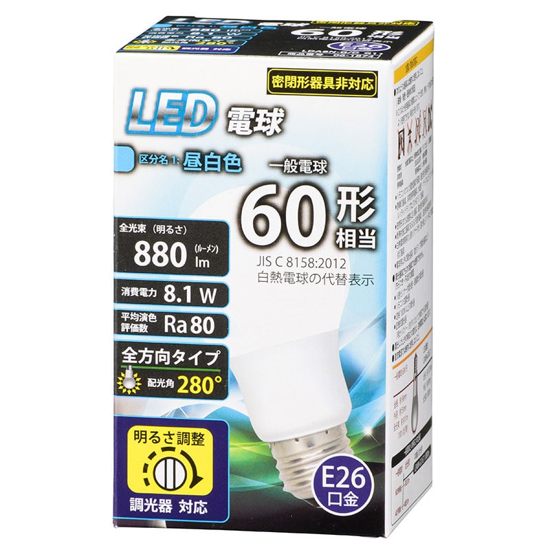 オーム電機 LDA8N-G/DG11 06-1874 LED電球 E26 60形相当 調光器対応 昼白色（ご注文単位1袋）【直送品】