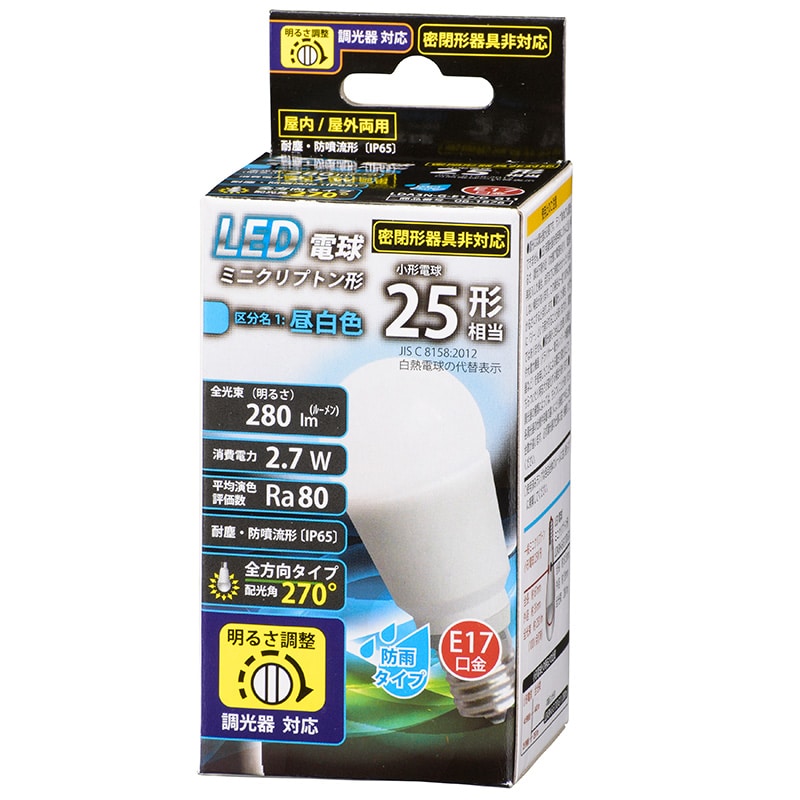 オーム電機 LDA3N-G-E17/DG11 06-1876 LED電球 ミニクリプトン形 E17 25形相当 調光器対応 防雨タイプ 昼白色（ご注文単位1袋）【直送品】