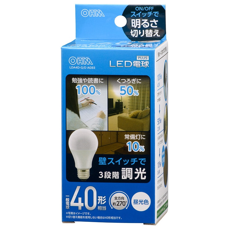 オーム電機 LDA4D-G/DAG93 06-3424 LED電球 E26 40形相当 3段階調光 昼光色(ご注文単位1袋)【直送品】