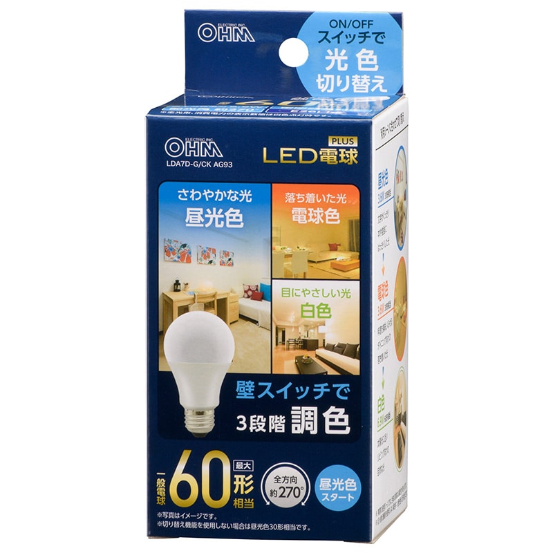 オーム電機 LDA7D-G/CKAG93 06-3428 LED電球 E26 60形相当 3段階調色 昼光色スタート(ご注文単位1袋)【直送品】