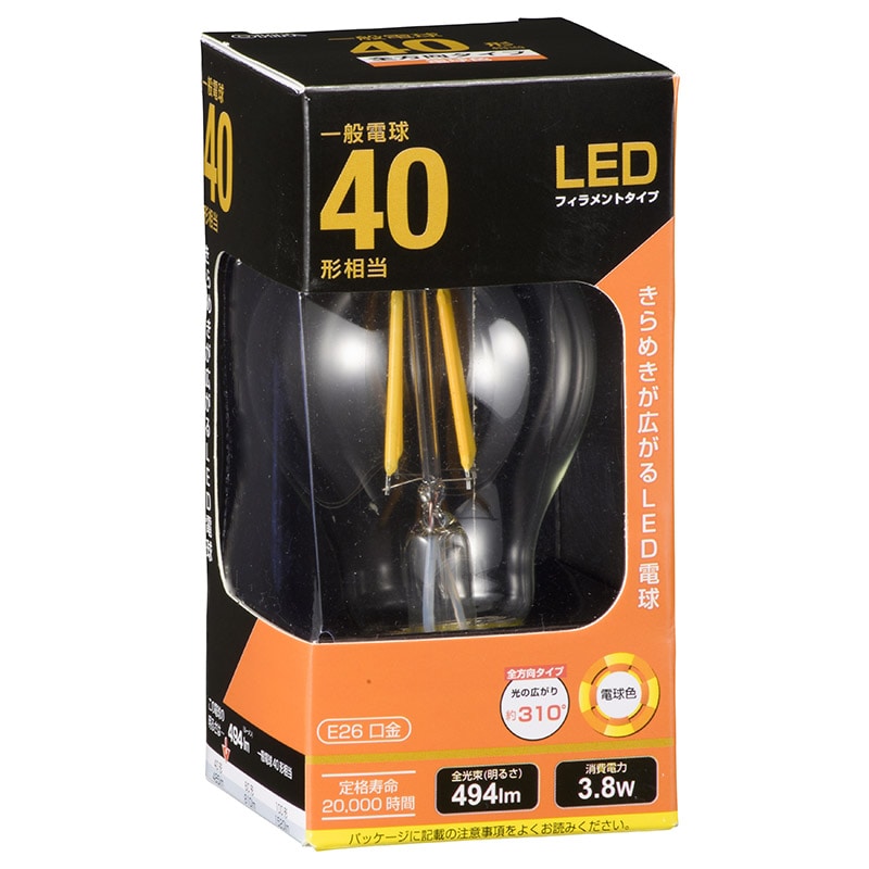 オーム電機 LDA4LC6 06-3462 LEDフィラメントタイプ電球 E26 40形相当 電球色(ご注文単位1袋)【直送品】