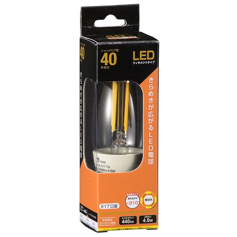 オーム電機 LDC4L-E17C6 06-3466 LEDフィラメントタイプシャンデリア球 E17 40形相当 電球色（ご注文単位1袋）【直送品】