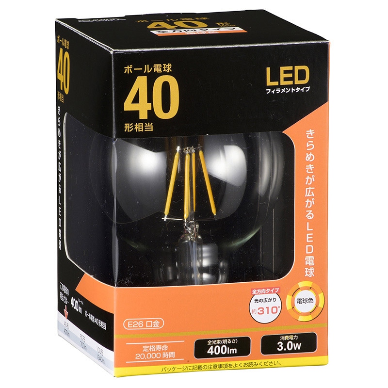 オーム電機 LDG3LC6 06-3477 LEDフィラメントタイプボール球 E26 40形相当 電球色（ご注文単位1袋）【直送品】