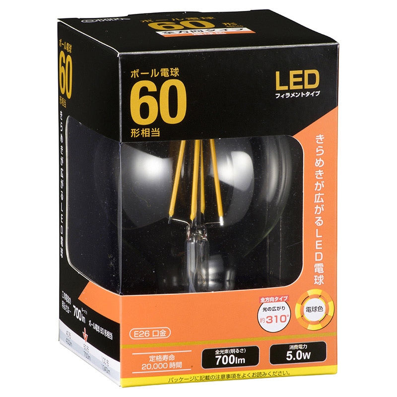 オーム電機 LDG5LC6 06-3478 LEDフィラメントタイプ電球 E26 60形相当 電球色（ご注文単位1袋）【直送品】