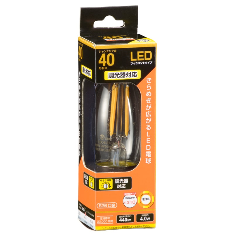 オーム電機 LDC4L/DC6 06-3489 LEDフィラメントタイプシャンデリア球 E26 40形相当 電球色 調光器対応（ご注文単位1袋）【直送品】