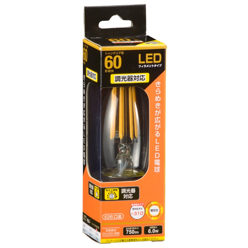 オーム電機 LDC6L/DC6 06-3490 LEDフィラメントタイプシャンデリア球 E26 60形相当 電球色 調光器対応（ご注文単位1袋）【直送品】