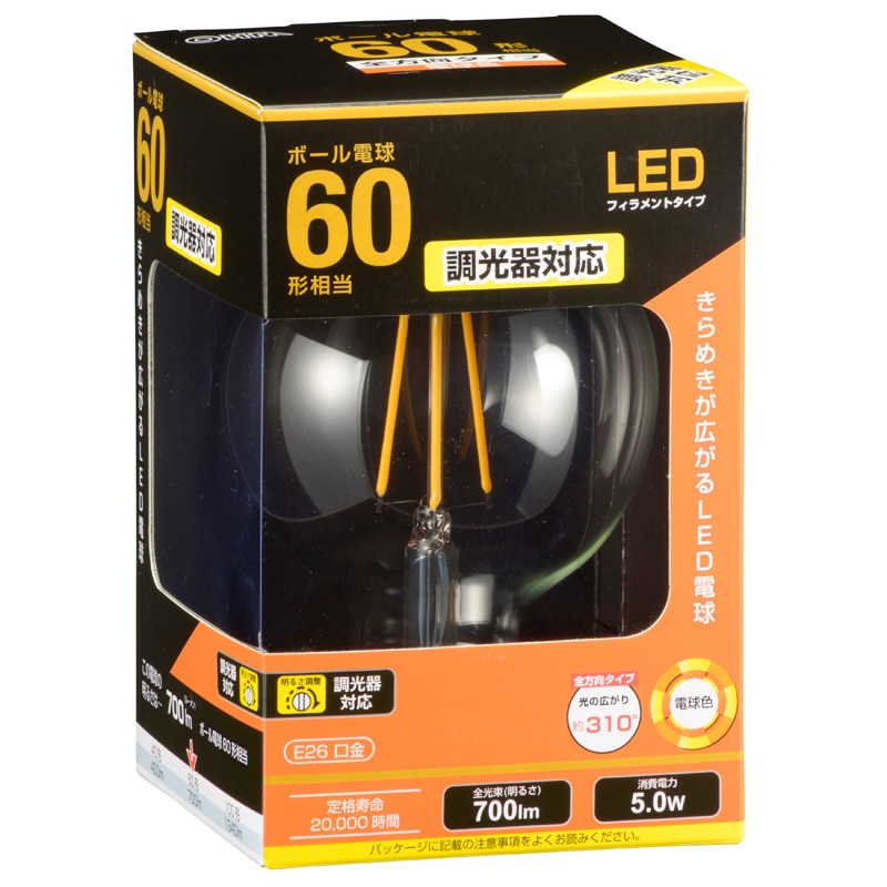 オーム電機 LDG5L/DC6 06-3498 LEDフィラメントタイプボール球 E26 60形相当 電球色 調光器対応（ご注文単位1袋）【直送品】