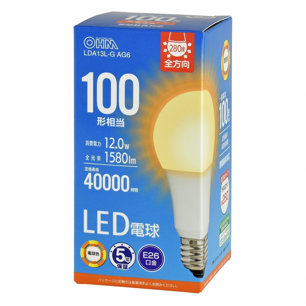 オーム電機 LDA13L-GAG6 06-3675 LED電球 E26 100形相当 電球色（ご注文単位1袋）【直送品】