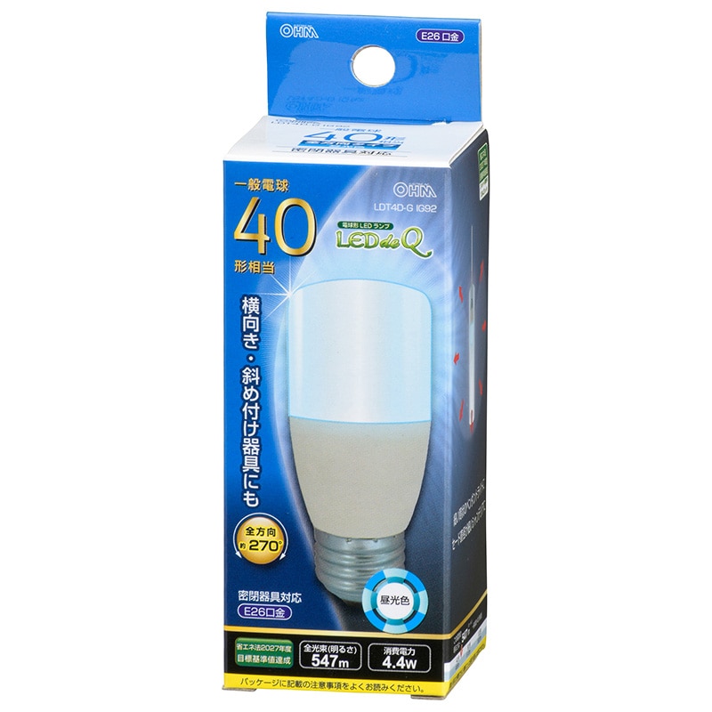 オーム電機 LDT4D-GIG92 06-3744 LED電球 T形 E26 40形相当 昼光色（ご注文単位1袋）【直送品】
