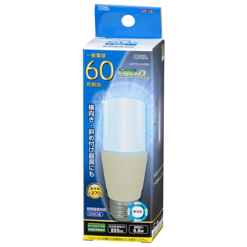 オーム電機 LDT7D-GIG92 06-3748 LED電球 T形 E26 60形相当 昼光色（ご注文単位1袋）【直送品】