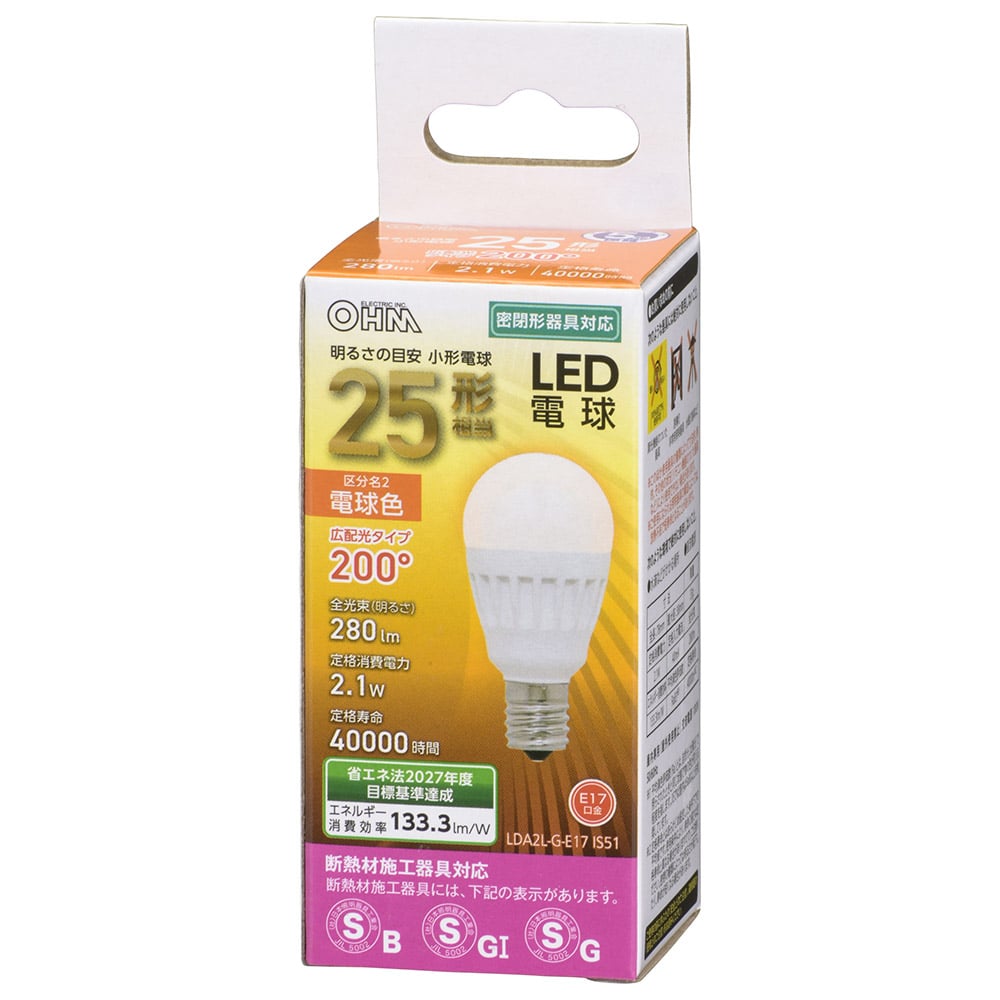オーム電機 LDA2L-G-E17IS51 06-4471 LED電球 小形 E17 25形相当 電球色（ご注文単位1袋）【直送品】
