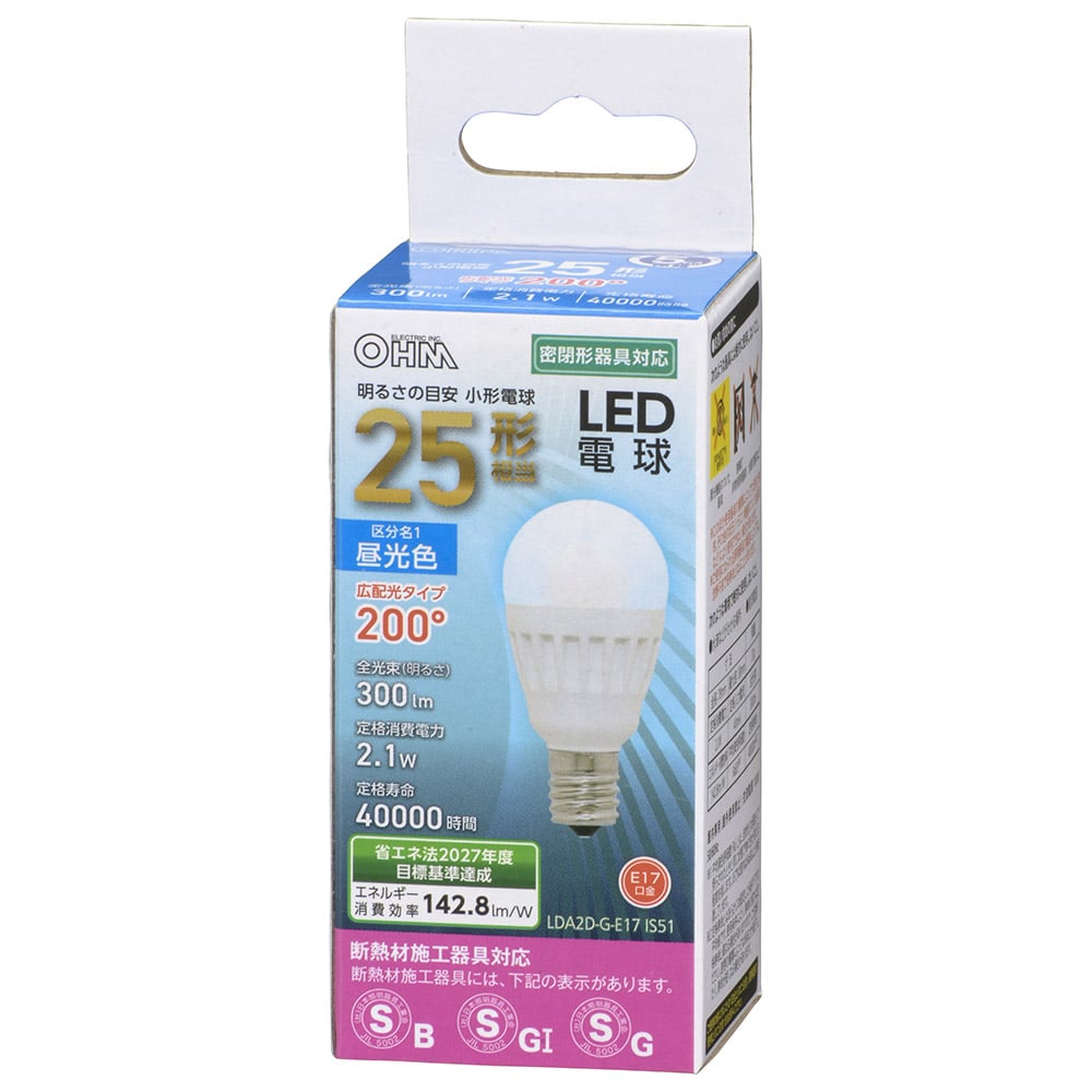 オーム電機 LDA2D-G-E17IS51 06-4473 LED電球 小形 E17 25形相当 昼光色（ご注文単位1袋）【直送品】