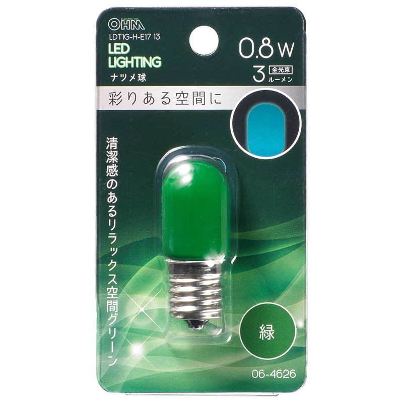 オーム電機 LDT1G-H-E1713 06-4626 LEDナツメ球装飾用 T20/E17/0.8W/3lm/緑色（ご注文単位1袋）【直送品】