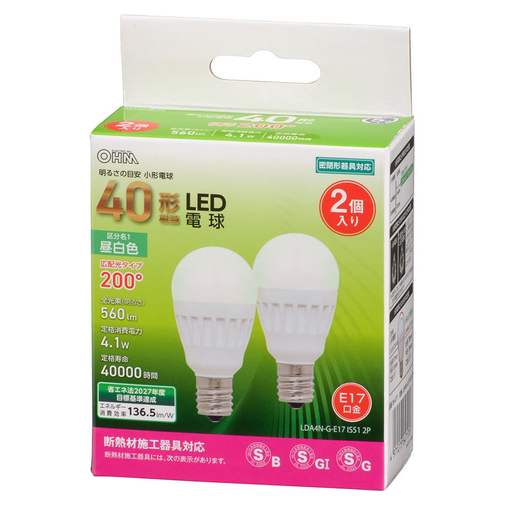 オーム電機 LDA4N-G-E17IS512P 06-4717 LED電球 小形 E17 40形相当 昼白色 2個入（ご注文単位1袋）【直送品】