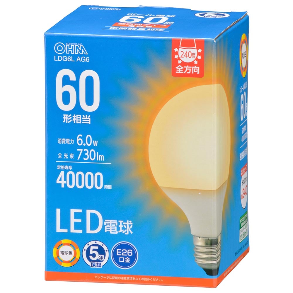 オーム電機 LDG6LAG6 06-5529 LED電球ボール電球形E26 60形相当 G95電球色(ご注文単位1袋)【直送品】