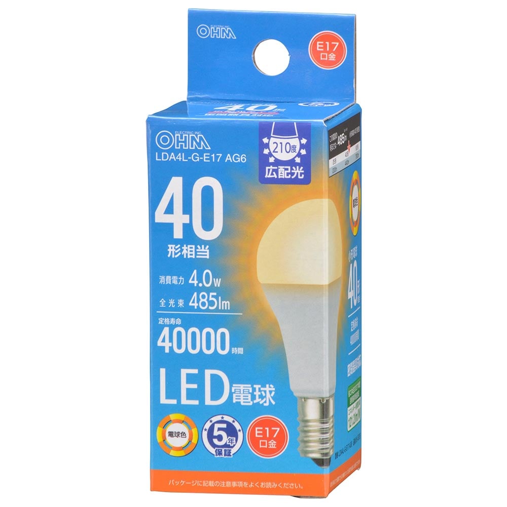 オーム電機 LDA4L-G-E17AG6 06-5539 LED電球小形E17 40形相当 電球色(ご注文単位1袋)【直送品】
