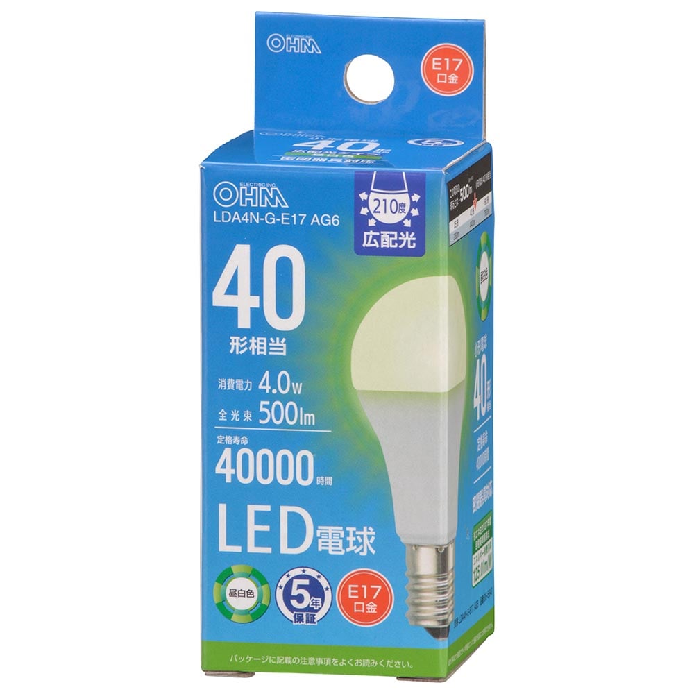 オーム電機 LDA4N-G-E17AG6 06-5540 LED電球小形E17 40形相当 昼白色(ご注文単位1袋)【直送品】
