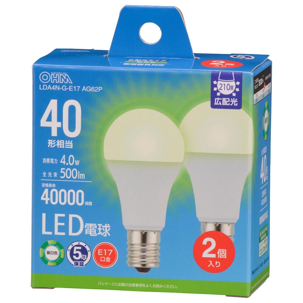オーム電機 LDA4N-G-E17AG62P 06-5543 LED電球小形E17 40形相当 昼白色 2個入(ご注文単位1袋)【直送品】