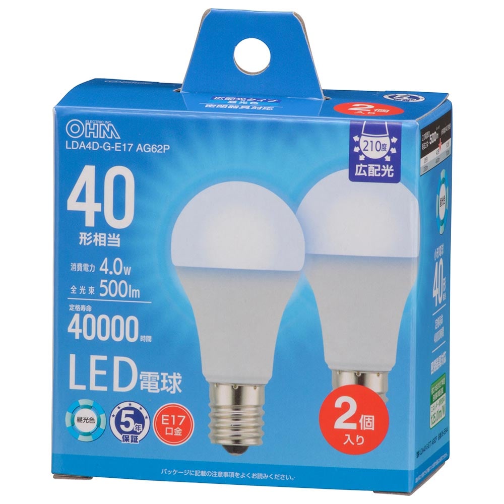 オーム電機 LDA4D-G-E17AG62P 06-5544 LED電球小形E17 40形相当 昼光色 2個入(ご注文単位1袋)【直送品】