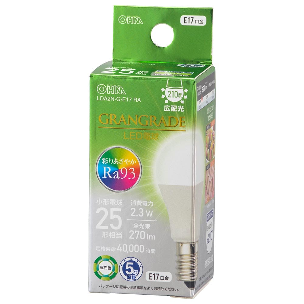 オーム電機 LDA2N-G-E17RA 06-5552 LED電球小形E17 25形相当 昼白色(ご注文単位1袋)【直送品】