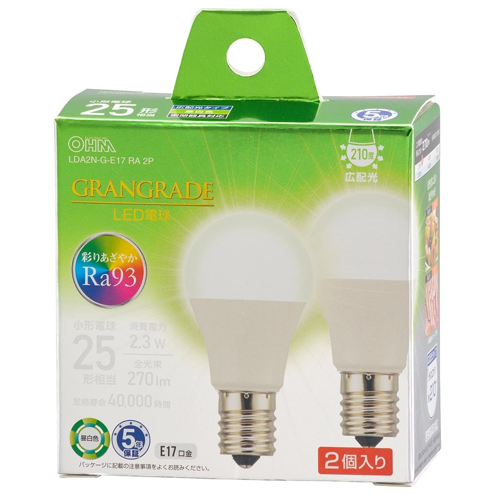 オーム電機 LDA2N-G-E17RA2P 06-5555 LED電球小形E17 25形相当 昼白色 2個入(ご注文単位1袋)【直送品】