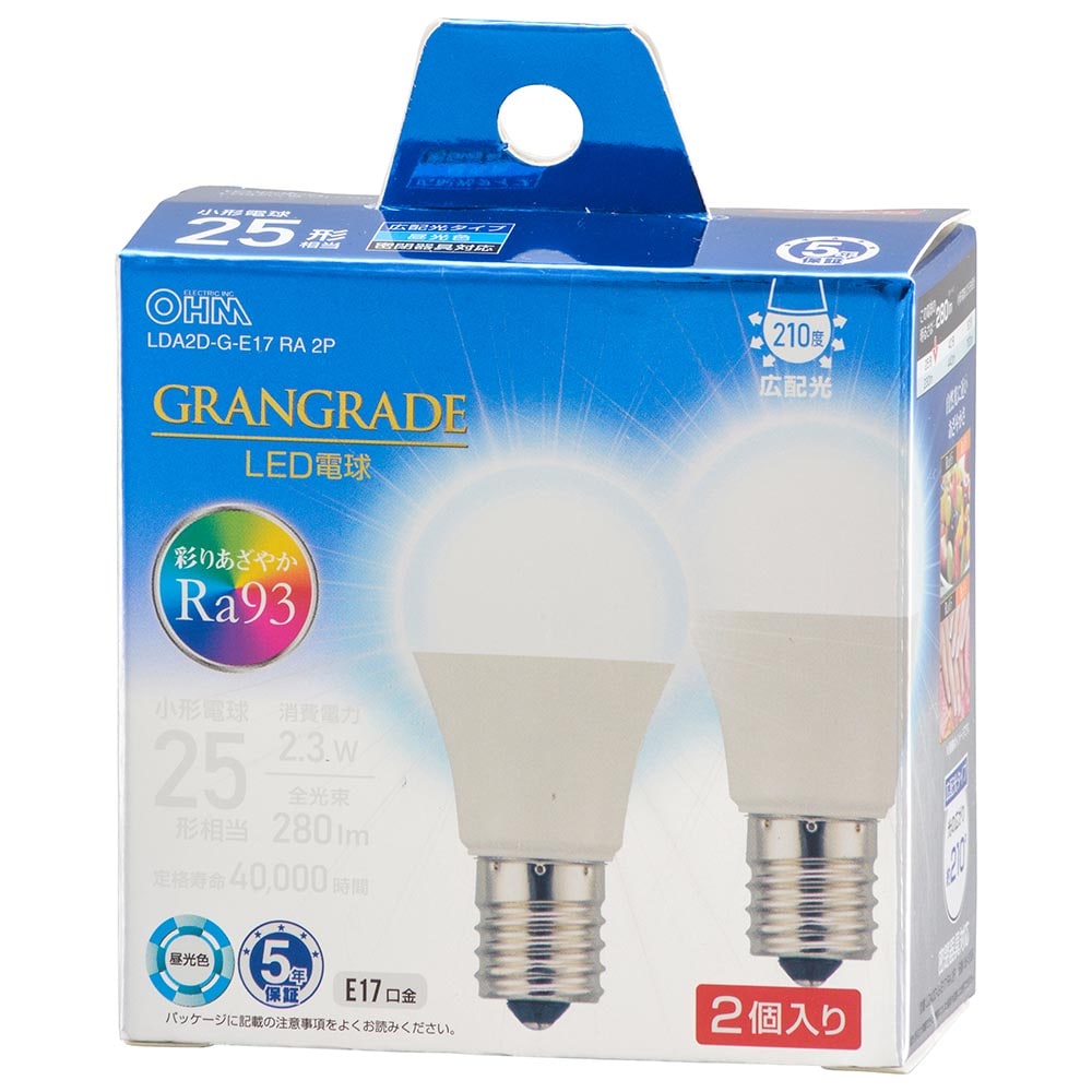 オーム電機 LDA2D-G-E17RA2P 06-5556 LED電球小形E17 25形相当 昼光色 2個入(ご注文単位1袋)【直送品】