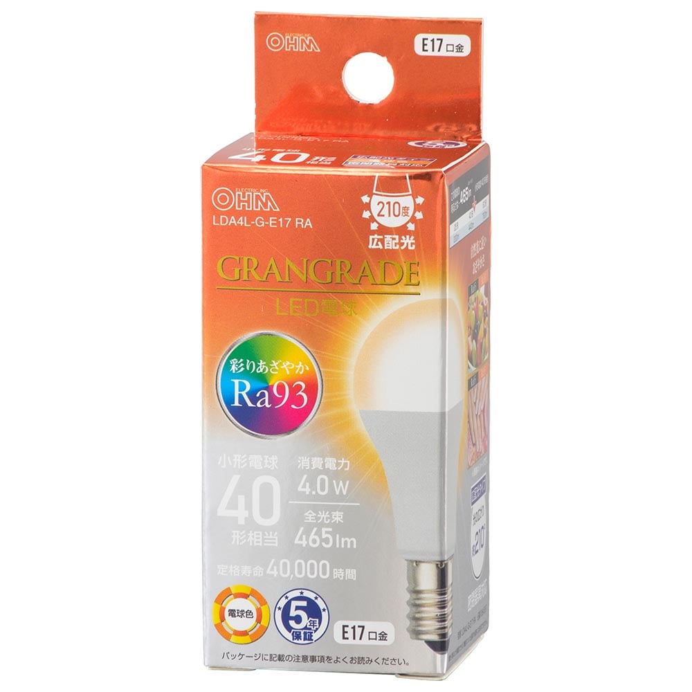 オーム電機 LDA4L-G-E17RA 06-5557 LED電球小形E17 40形相当 電球色(ご注文単位1袋)【直送品】