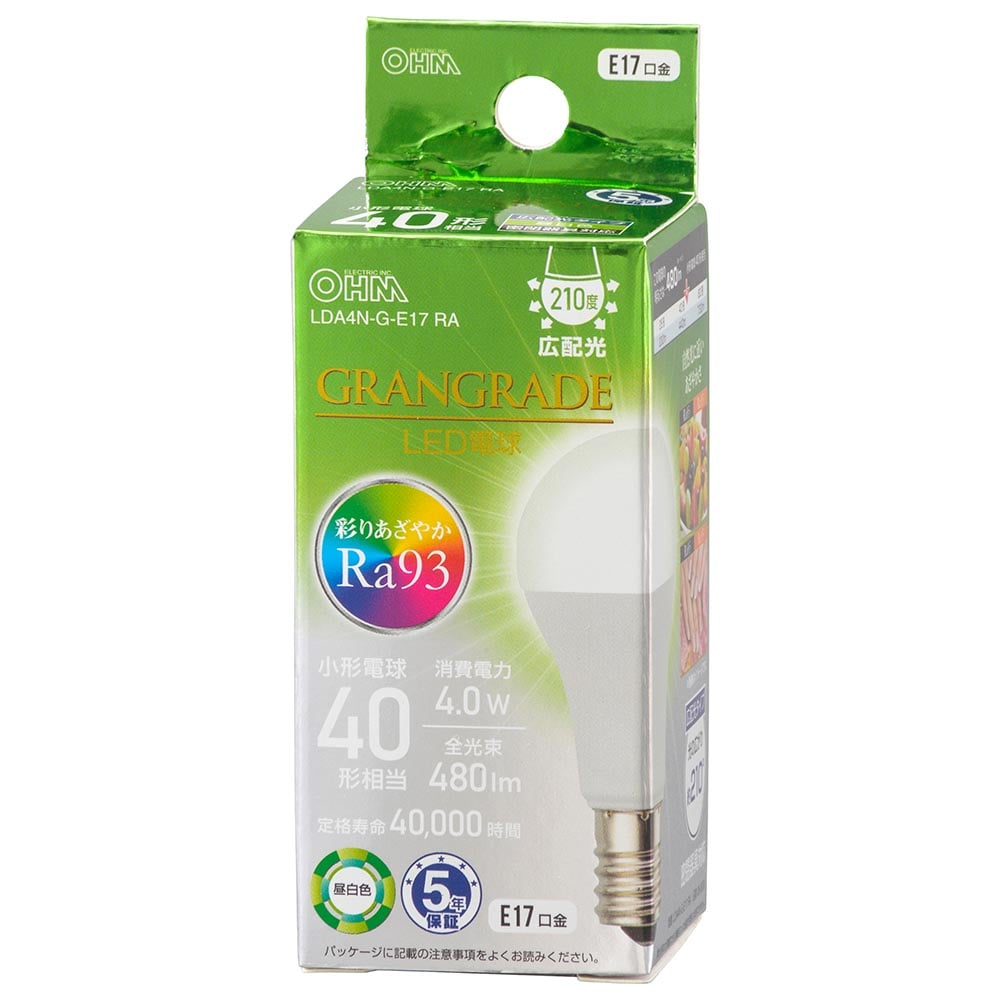 オーム電機 LDA4N-G-E17RA 06-5558 LED電球小形E17 40形相当 昼白色(ご注文単位1袋)【直送品】