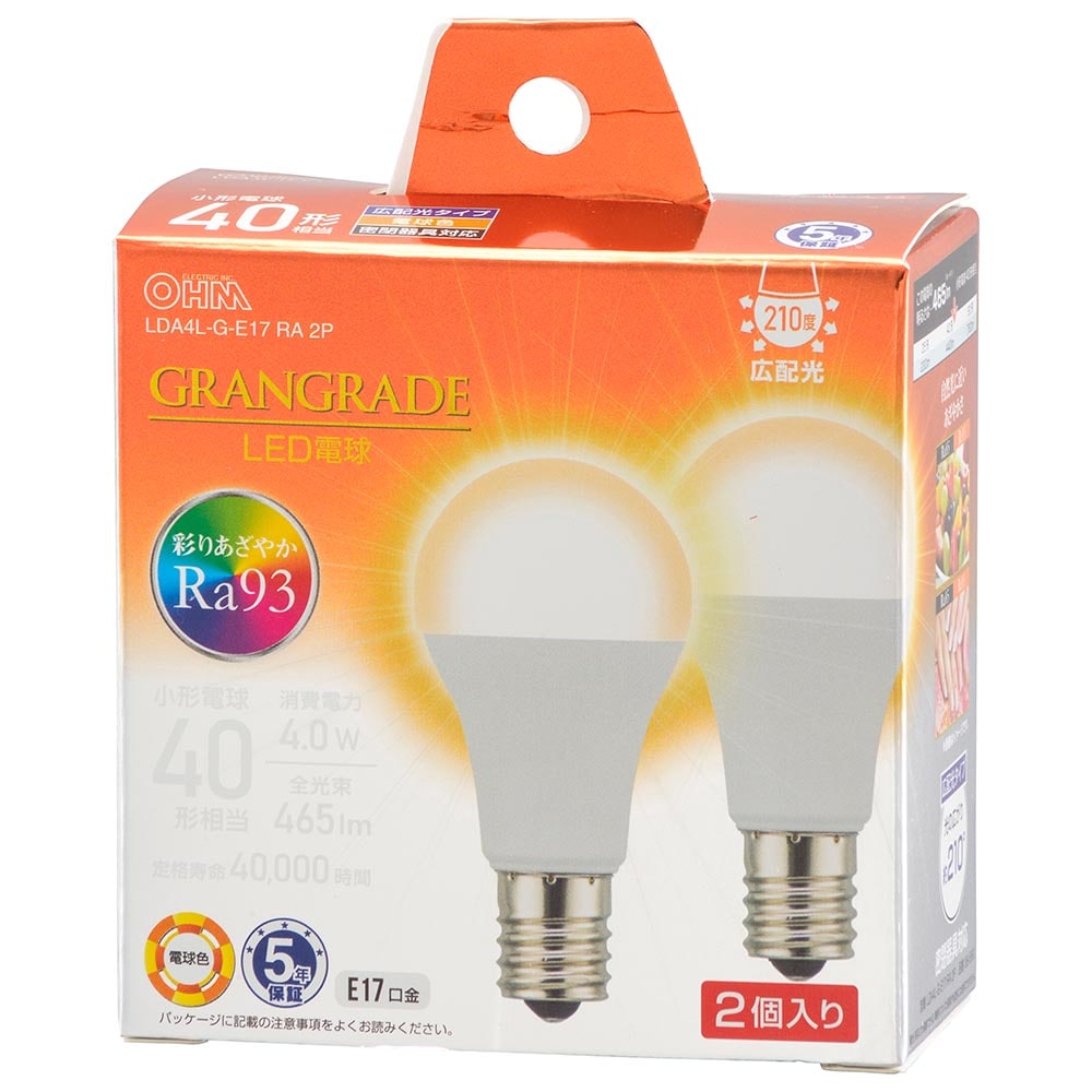 オーム電機 LDA4L-G-E17RA2P 06-5560 LED電球小形E17 40形相当 電球色 2個入(ご注文単位1袋)【直送品】