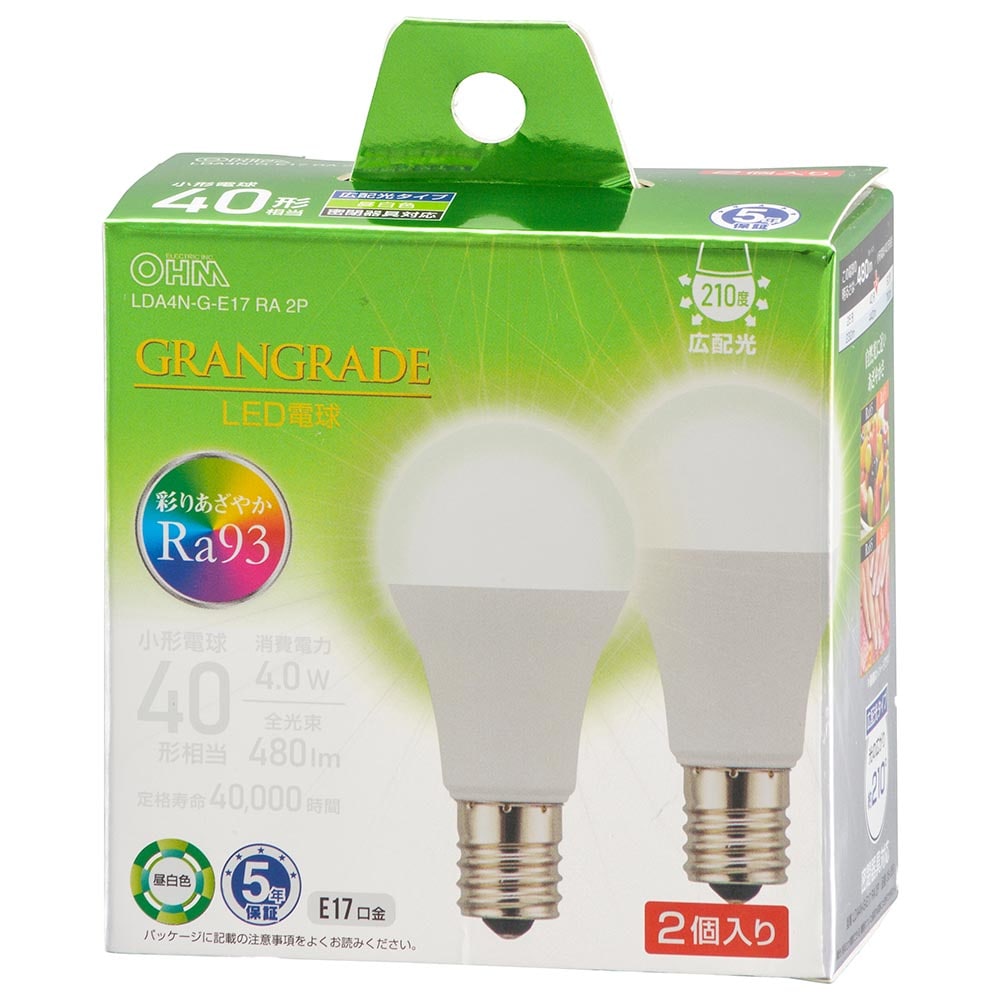 オーム電機 LDA4N-G-E17RA2P 06-5561 LED電球小形E17 40形相当 昼白色 2個入(ご注文単位1袋)【直送品】
