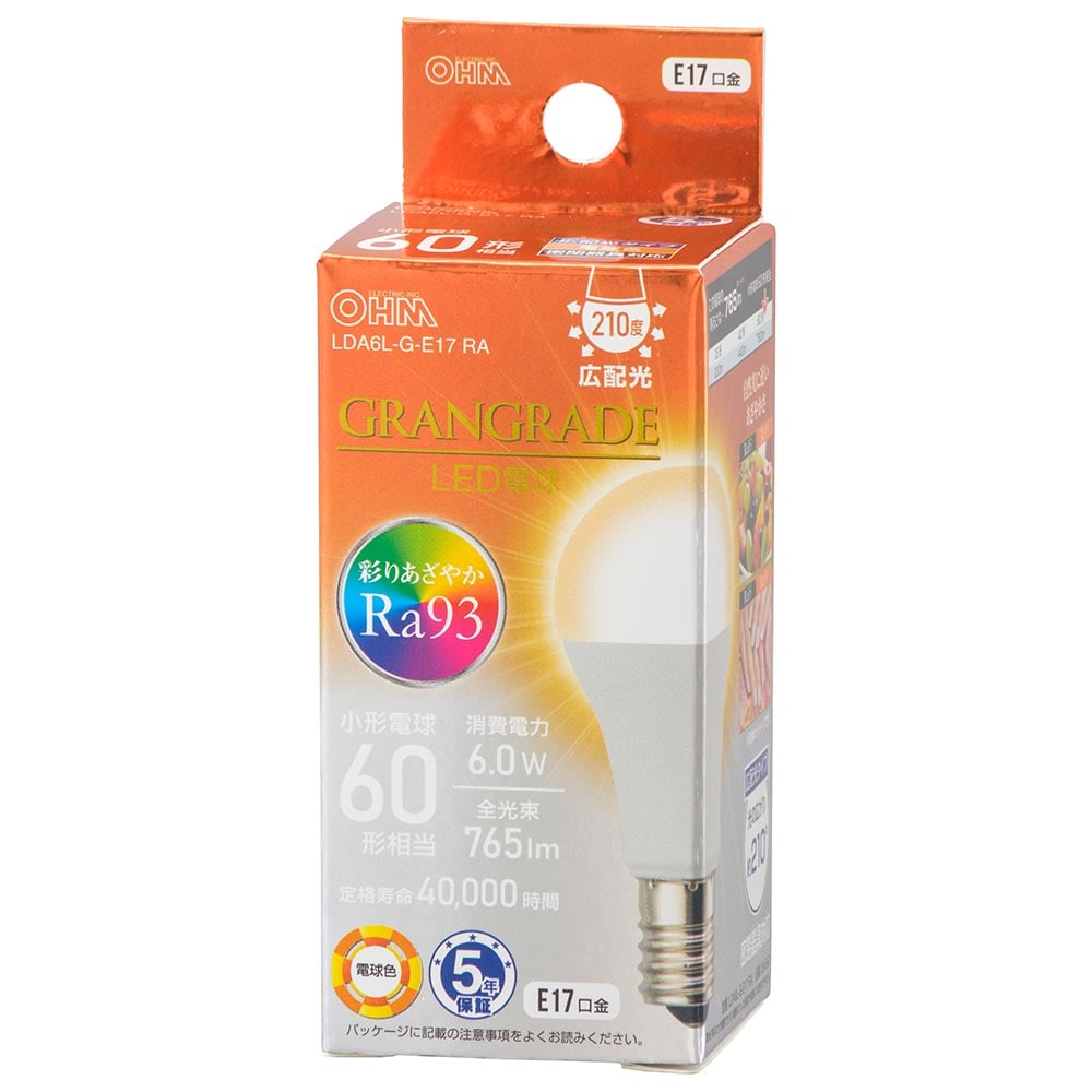 オーム電機 LDA6L-G-E17RA 06-5563 LED電球小形E17 60形相当 電球色(ご注文単位1袋)【直送品】