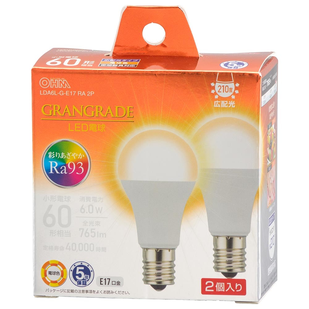 オーム電機 LDA6L-G-E17RA2P 06-5566 LED電球小形E17 60形相当 電球色 2個入(ご注文単位1袋)【直送品】