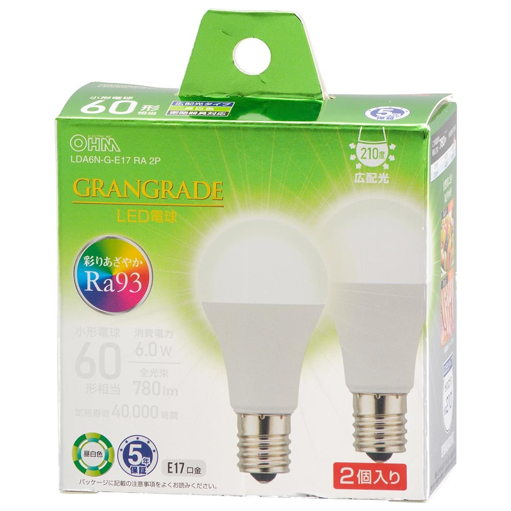 オーム電機 LDA6N-G-E17RA2P 06-5567 LED電球小形E17 60形相当 昼白色 2個入(ご注文単位1袋)【直送品】