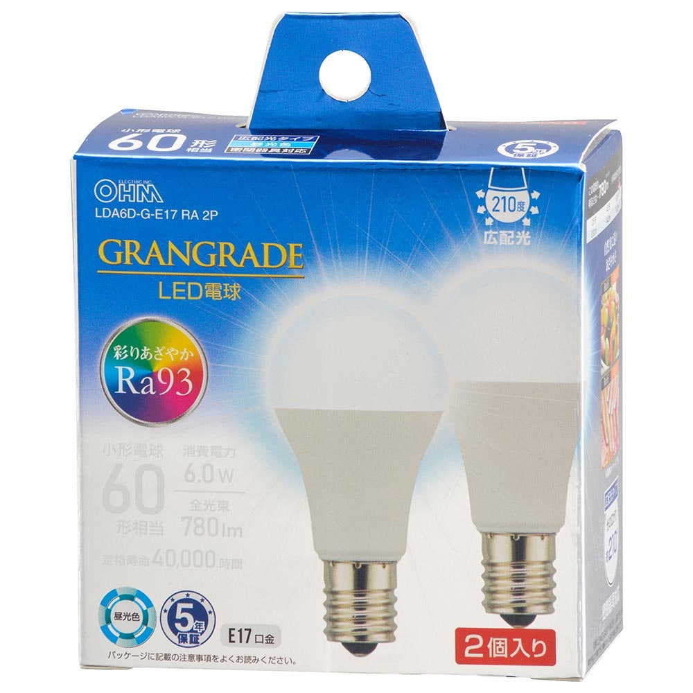 オーム電機 LDA6D-G-E17RA2P 06-5568 LED電球小形E17 60形相当 昼光色 2個入(ご注文単位1袋)【直送品】