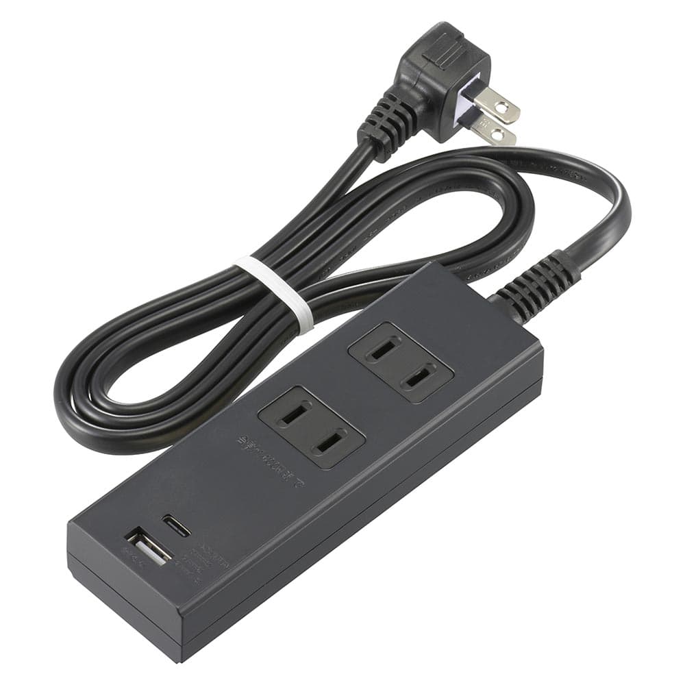 オーム電機 2個口タップ PD対応Type-C/Type-Aポート付き 1m ブラック 1個（ご注文単位1個）【直送品】