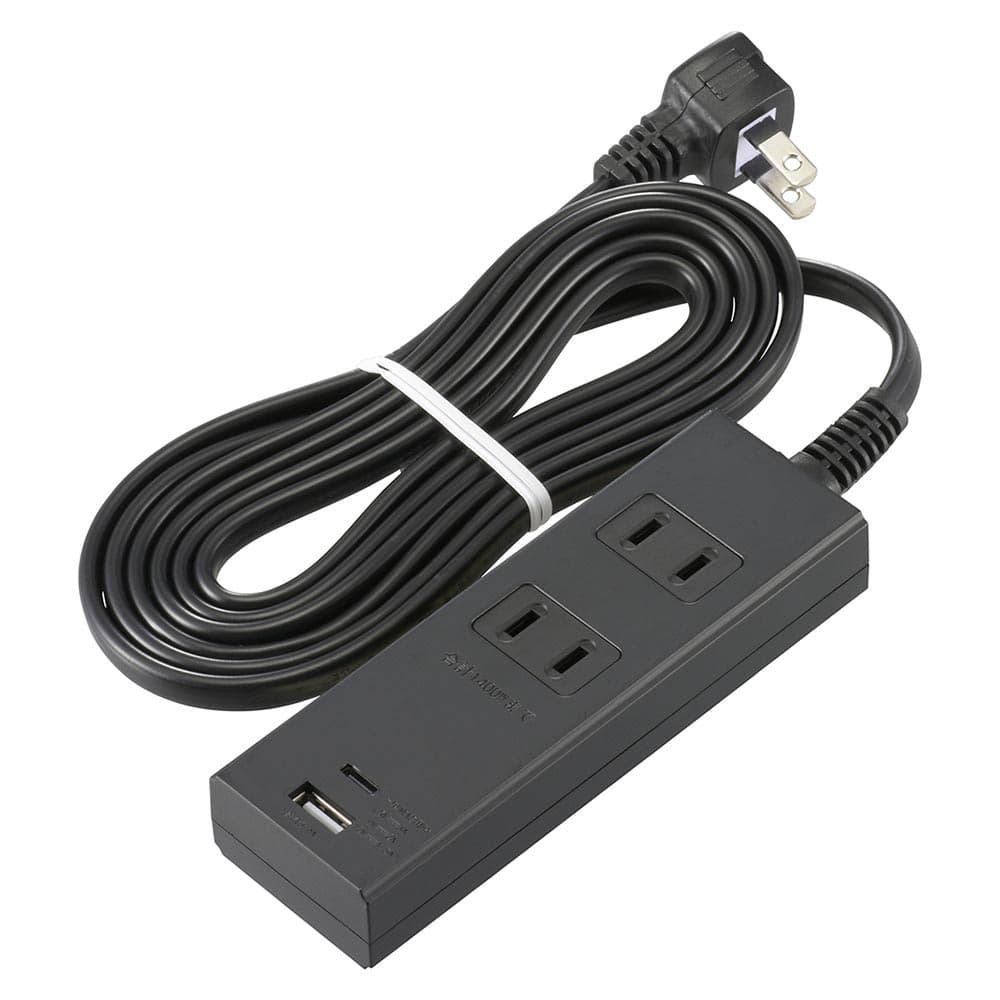 オーム電機 2個口タップ PD対応Type-C/Type-Aポート付き 2m ブラック 1個（ご注文単位1個）【直送品】