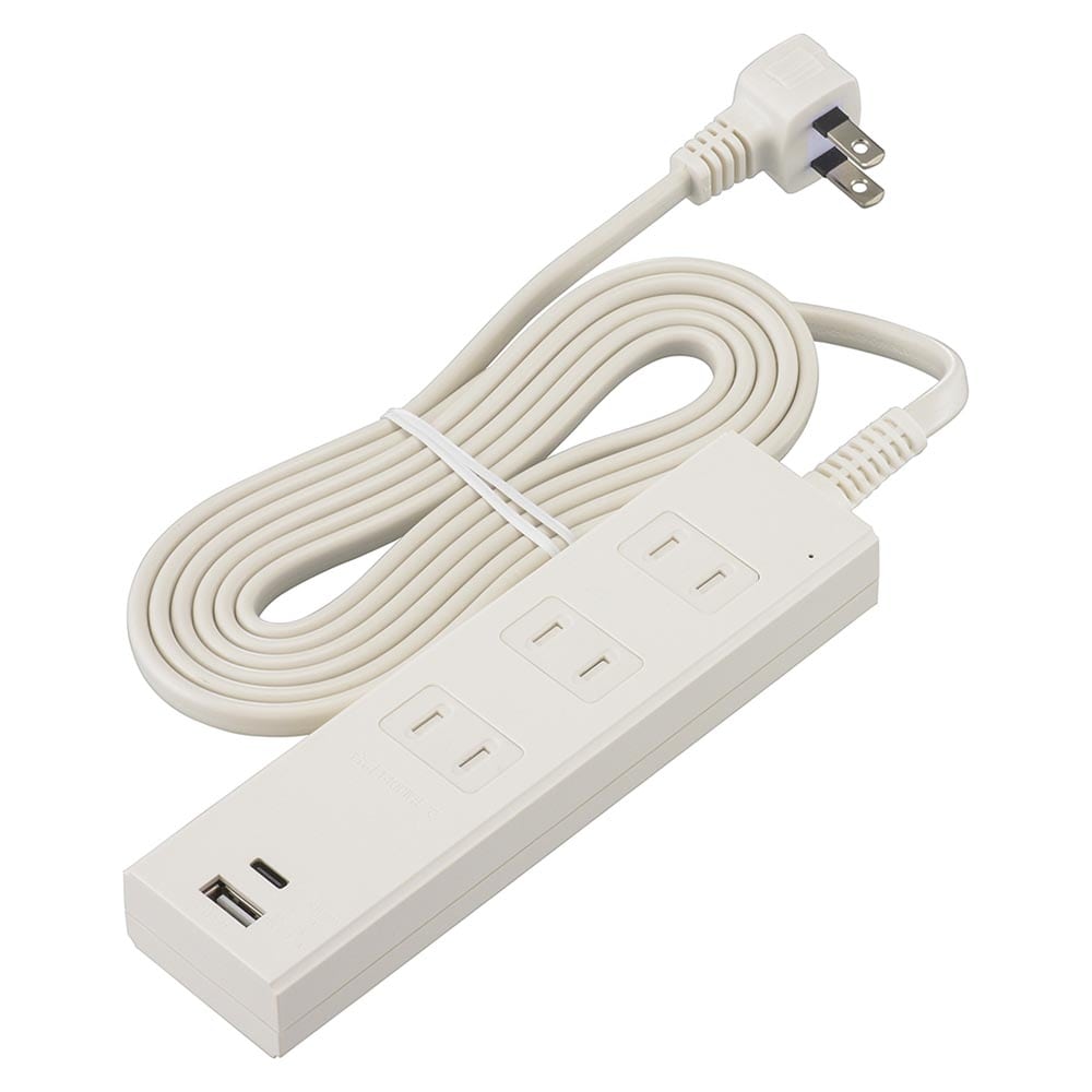 オーム電機 3個口タップ 雷ガード PD対応Type-C/Type-Aポート付き 2m ホワイト 1個（ご注文単位1個）【直送品】