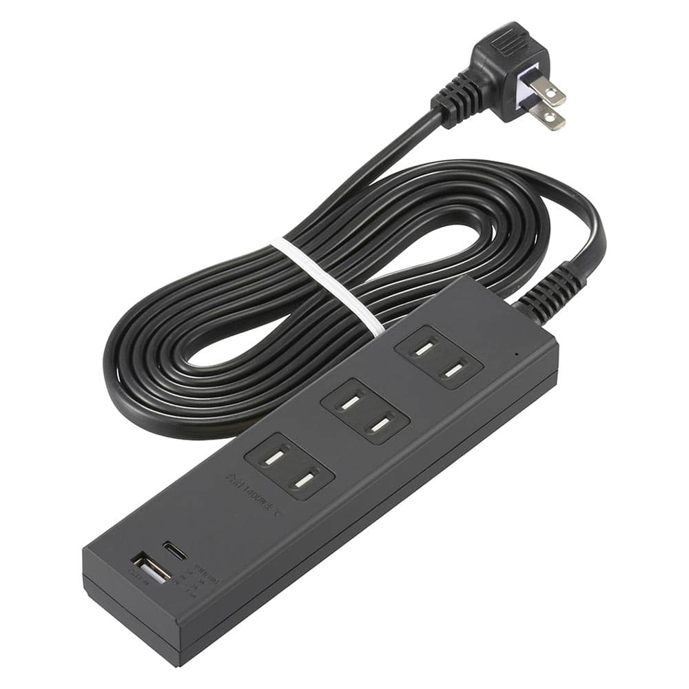 オーム電機 3個口タップ 雷ガード PD対応Type-C/Type-Aポート付き 2m ブラック 1個（ご注文単位1個）【直送品】
