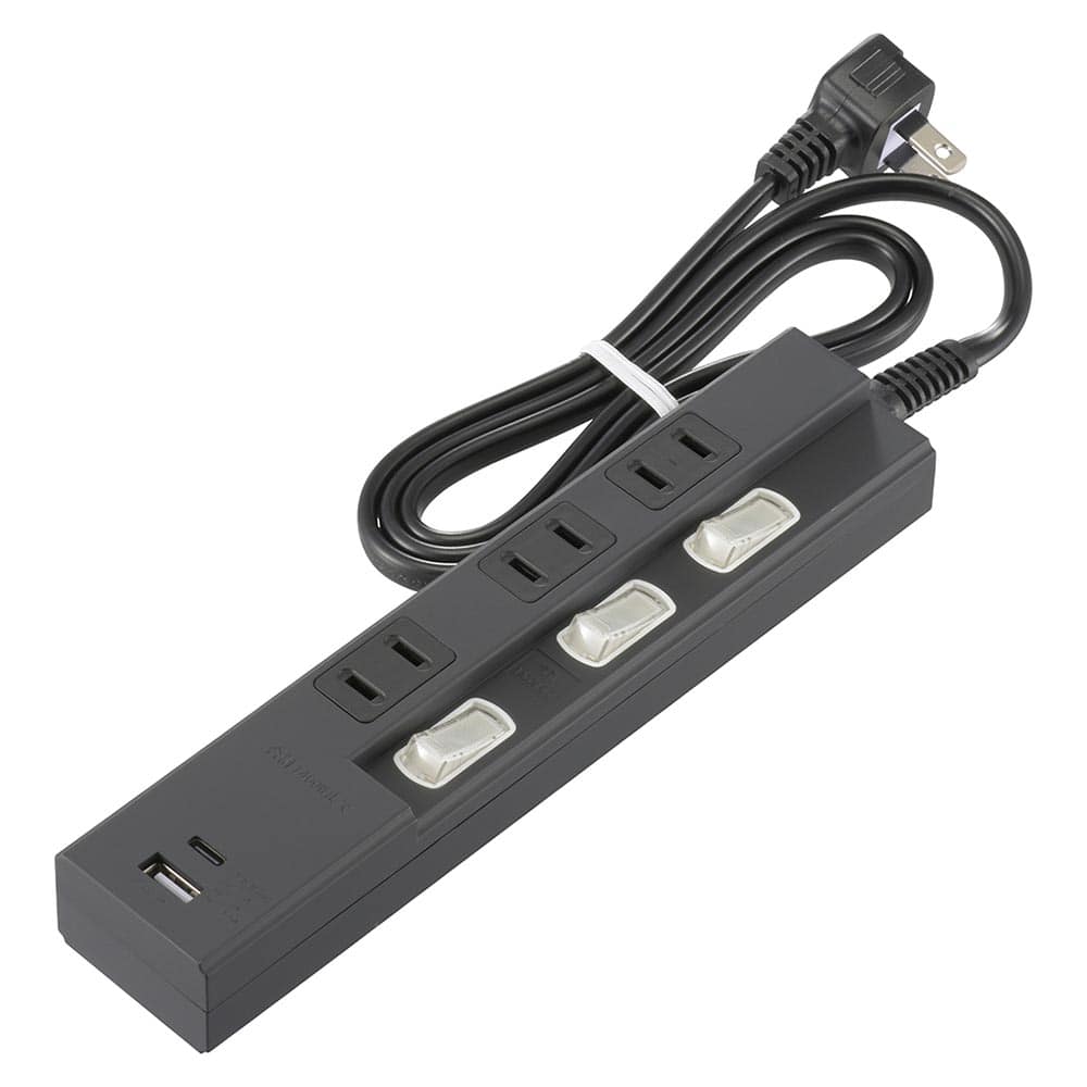 オーム電機 3個口節電タップ PD対応Type-C/Type-Aポート付き 1m ブラック 1個（ご注文単位1個）【直送品】
