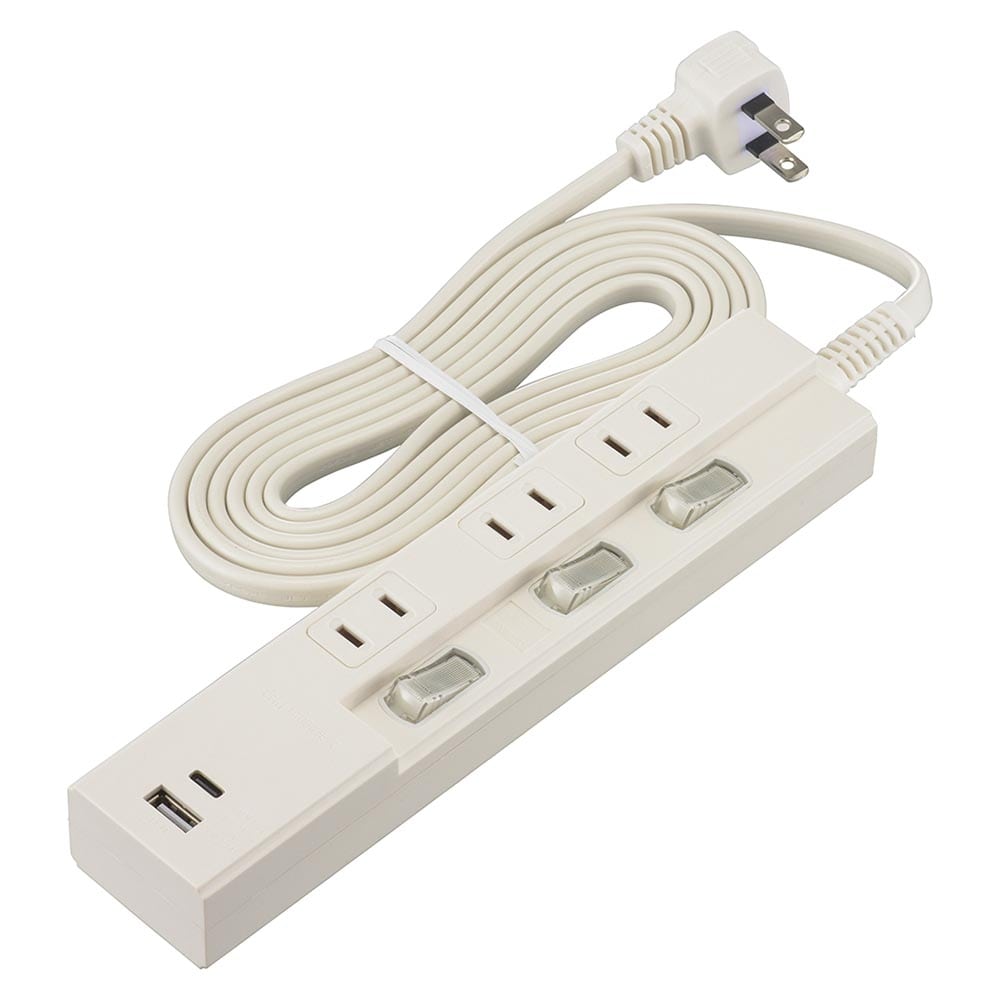 オーム電機 3個口節電タップ PD対応Type-C/Type-Aポート付き 2m ホワイト 1個（ご注文単位1個）【直送品】