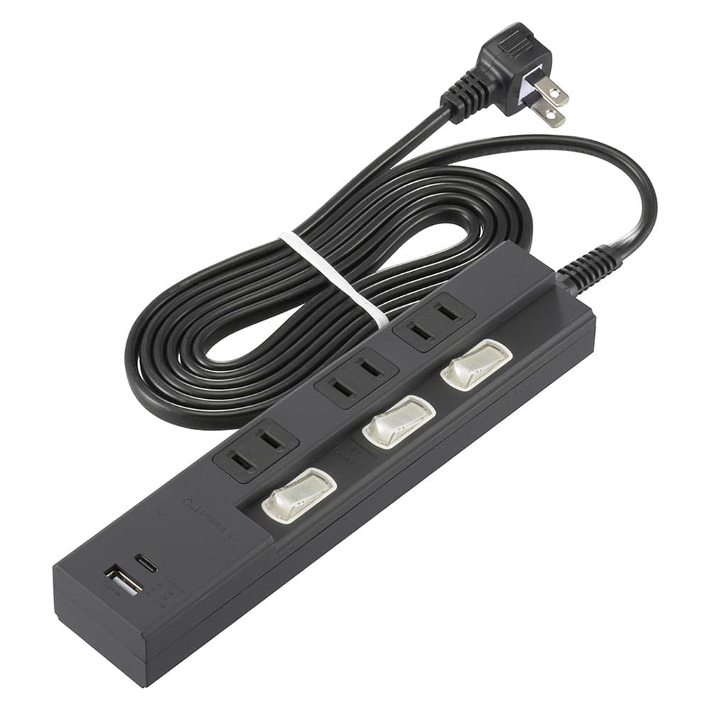 オーム電機 3個口節電タップ PD対応Type-C/Type-Aポート付き 2m ブラック 1個（ご注文単位1個）【直送品】