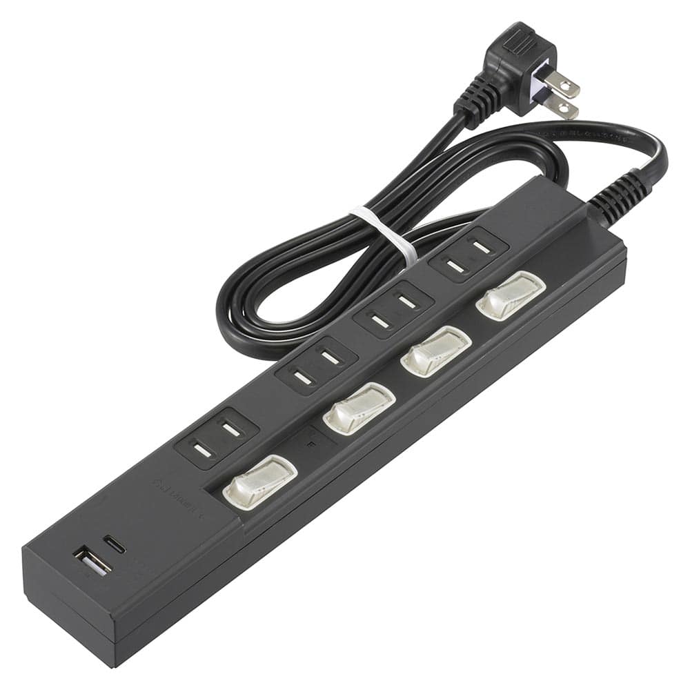 オーム電機 4個口節電タップ 雷ガード PD対応Type-C/Type-Aポート付き 1m ブラック 1個（ご注文単位1個）【直送品】