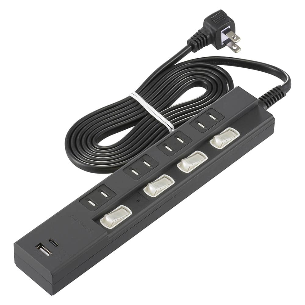オーム電機 4個口節電タップ 雷ガード PD対応Type-C/Type-Aポート付き 2m ブラック 1個（ご注文単位1個）【直送品】