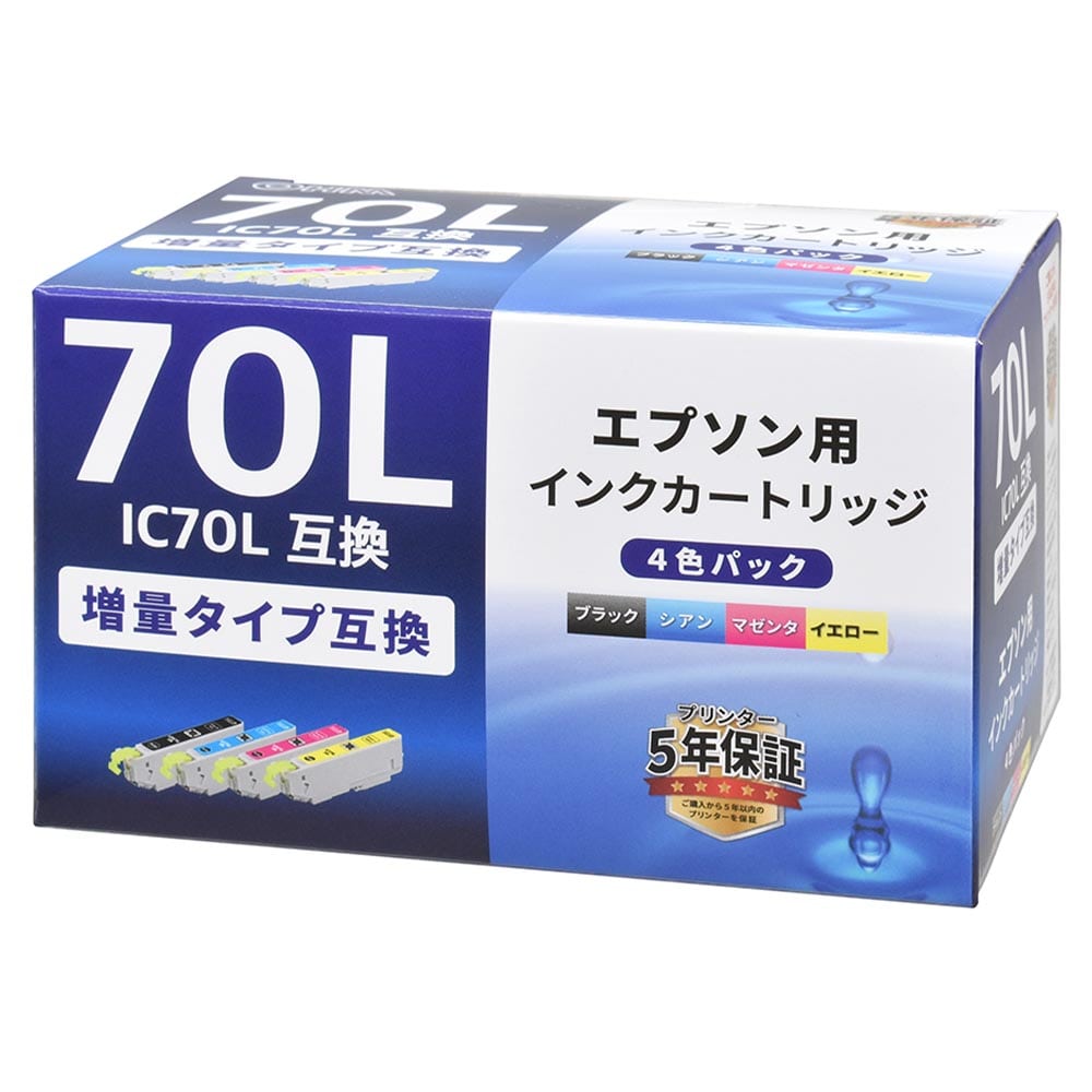 オーム電機 エプソン互換インク IC70L 増量タイプ 4色パック 1個(ご注文単位1個)【直送品】