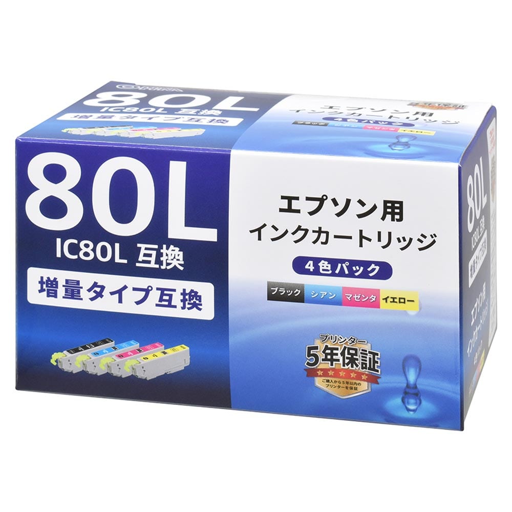 オーム電機 エプソン互換インク IC80L 増量タイプ 4色パック 1個(ご注文単位1個)【直送品】