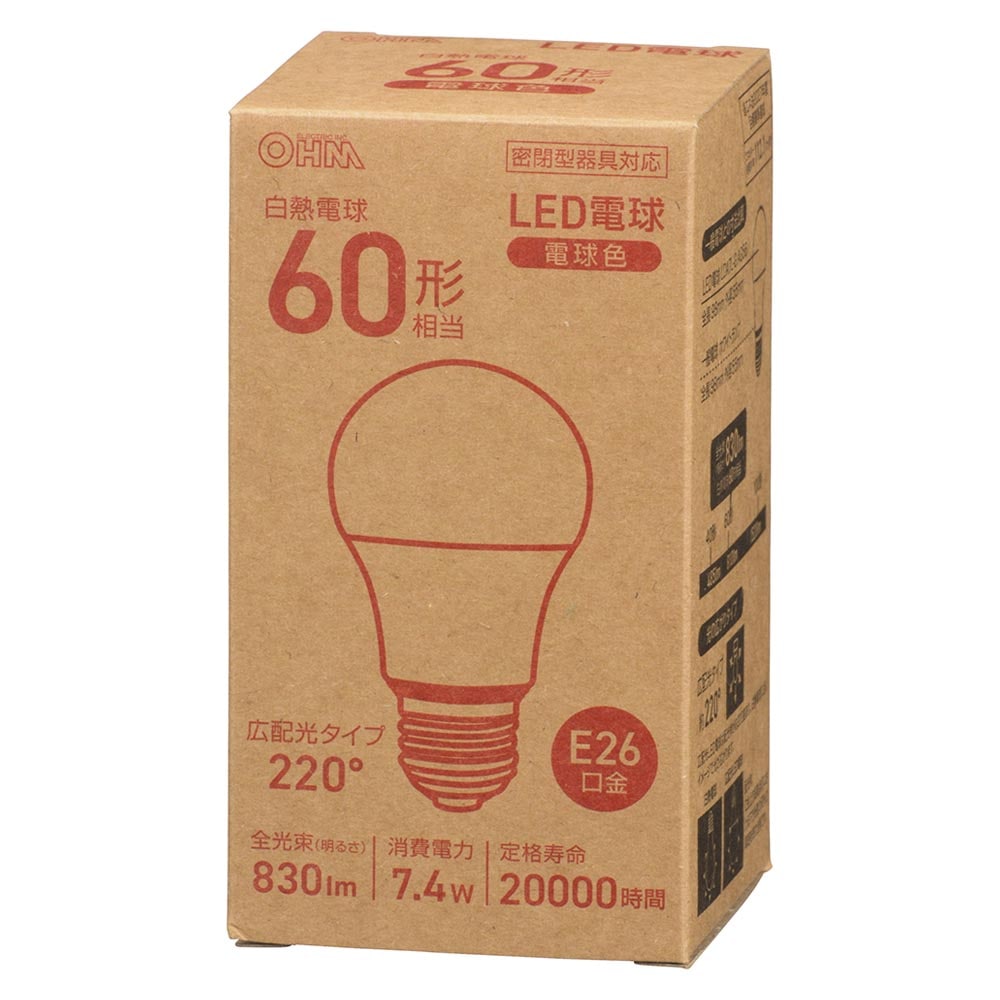 オーム電機 LED電球 E26 60形相当 電球色 1個（ご注文単位1個）【直送品】