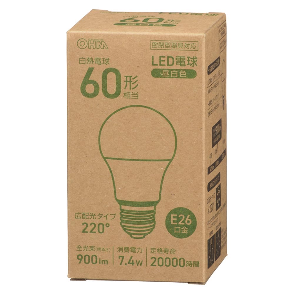 オーム電機 LED電球 E26 60形相当 昼白色 1個（ご注文単位1個）【直送品】